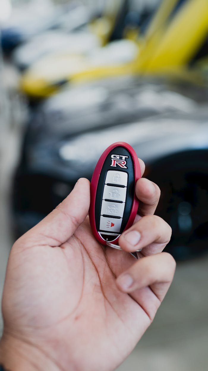 A hand holding a sporty Nissan GT-R key fob with blurred luxury cars in the background.